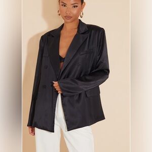 NWT Pretty Little Thing Black Satin Double Breasted Shoulder Padded Blazer